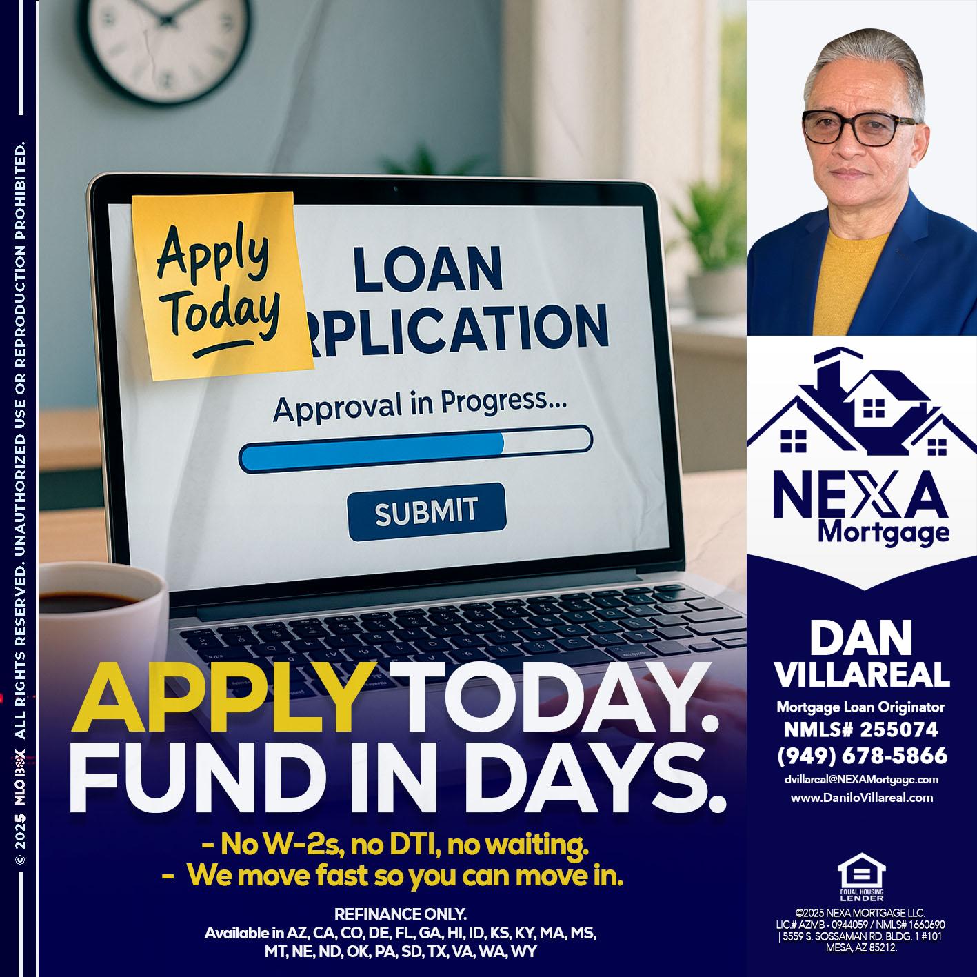 APPLY TODAY - Dan Villareal -Mortgage Loan Originator