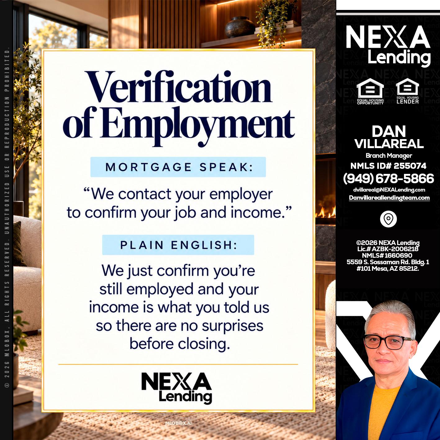VERIFICATION OF EMPLOYMENT - Dan Villareal -Mortgage Loan Originator